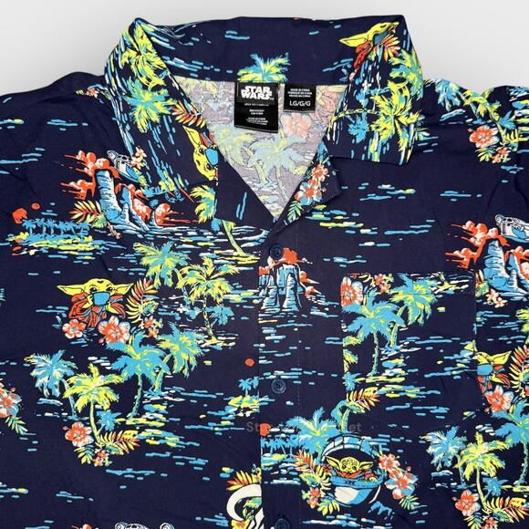 Star Wars Tropical Baby Yoda Shirt Mens Large Navy Blue Short Sleeve Resortwear - Picture 3 of 6